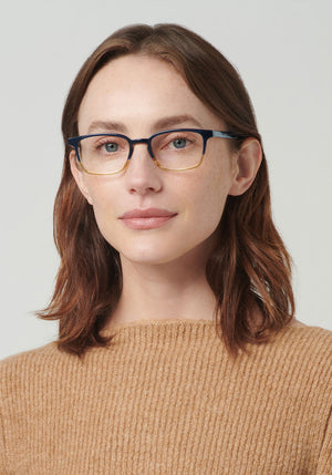 KREWE DAWSON | Comet + Twilight handcrafted, luxury yellow and navy split acetate eyeglasses womens model | Model: Vanessa
