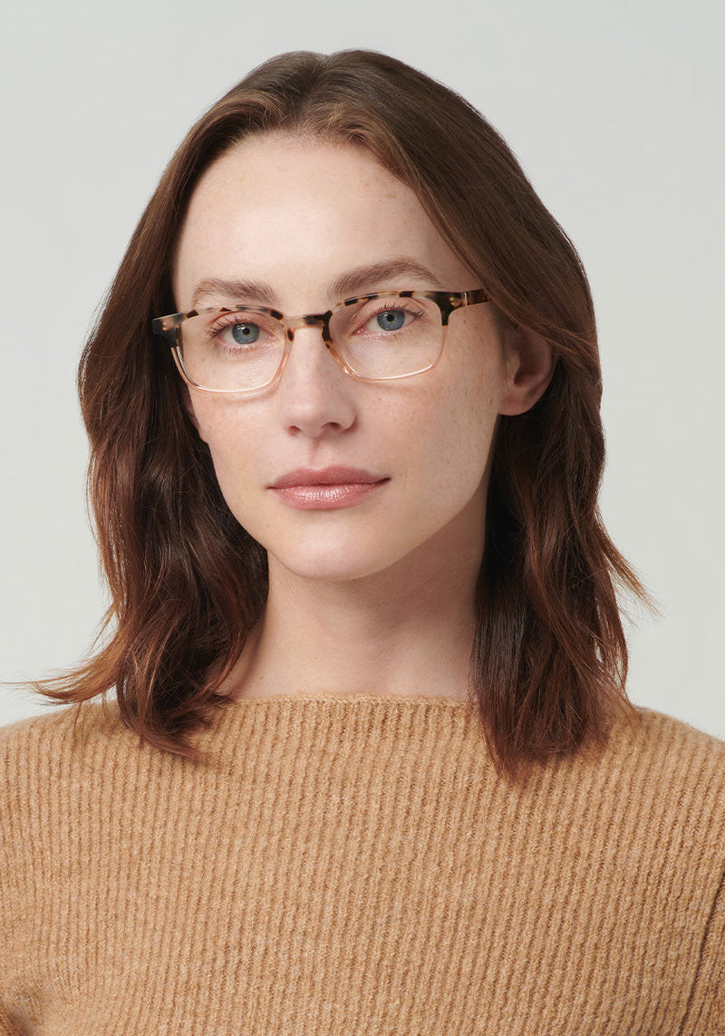 KREWE DAWSON | Malt to Petal Handcrafted, Luxury Pink and Tortoise Split Acetate Eyeglasses womens model | Model: Vanessa