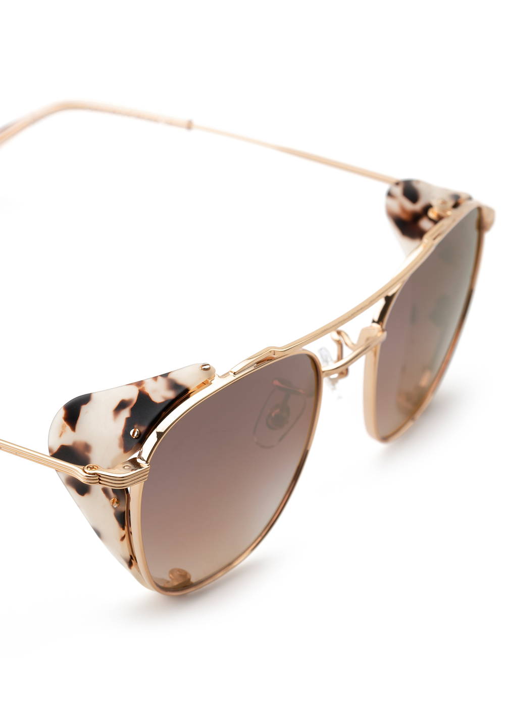 EARHART BLINKER | 24K Matte Oyster + Petal Handcrafted, Luxury Stainless Steel KREWE Sunglasses with tortoise shell acetate blinkers womens model