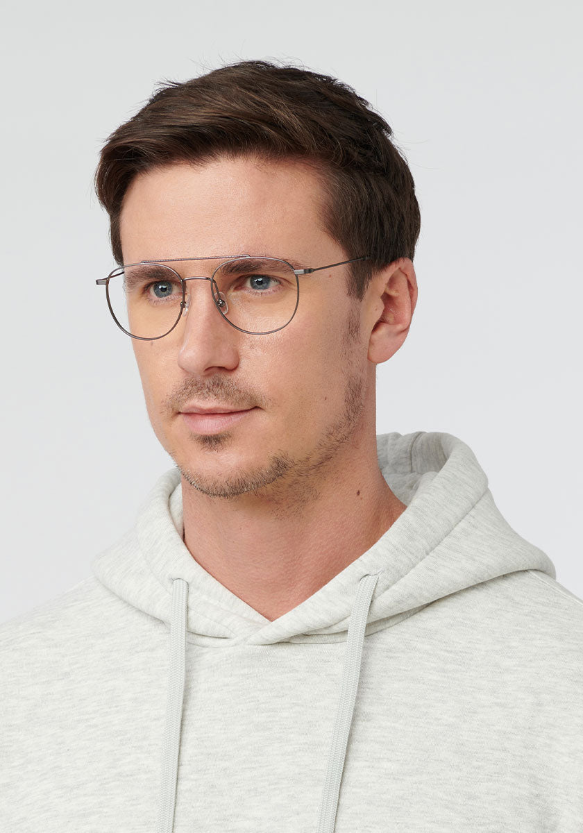 KREWE ELYSIAN | Matte Gunmetal + Birch Handcrafted, stainless steel glasses mens model | Model: Tom