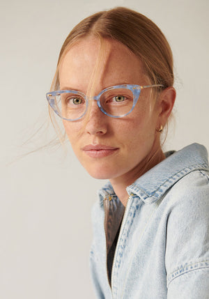 KREWE EMMA | Opaline Handcrafted, luxury custom blue acetate eyeglasses womens model campaign | Model: Annelot
