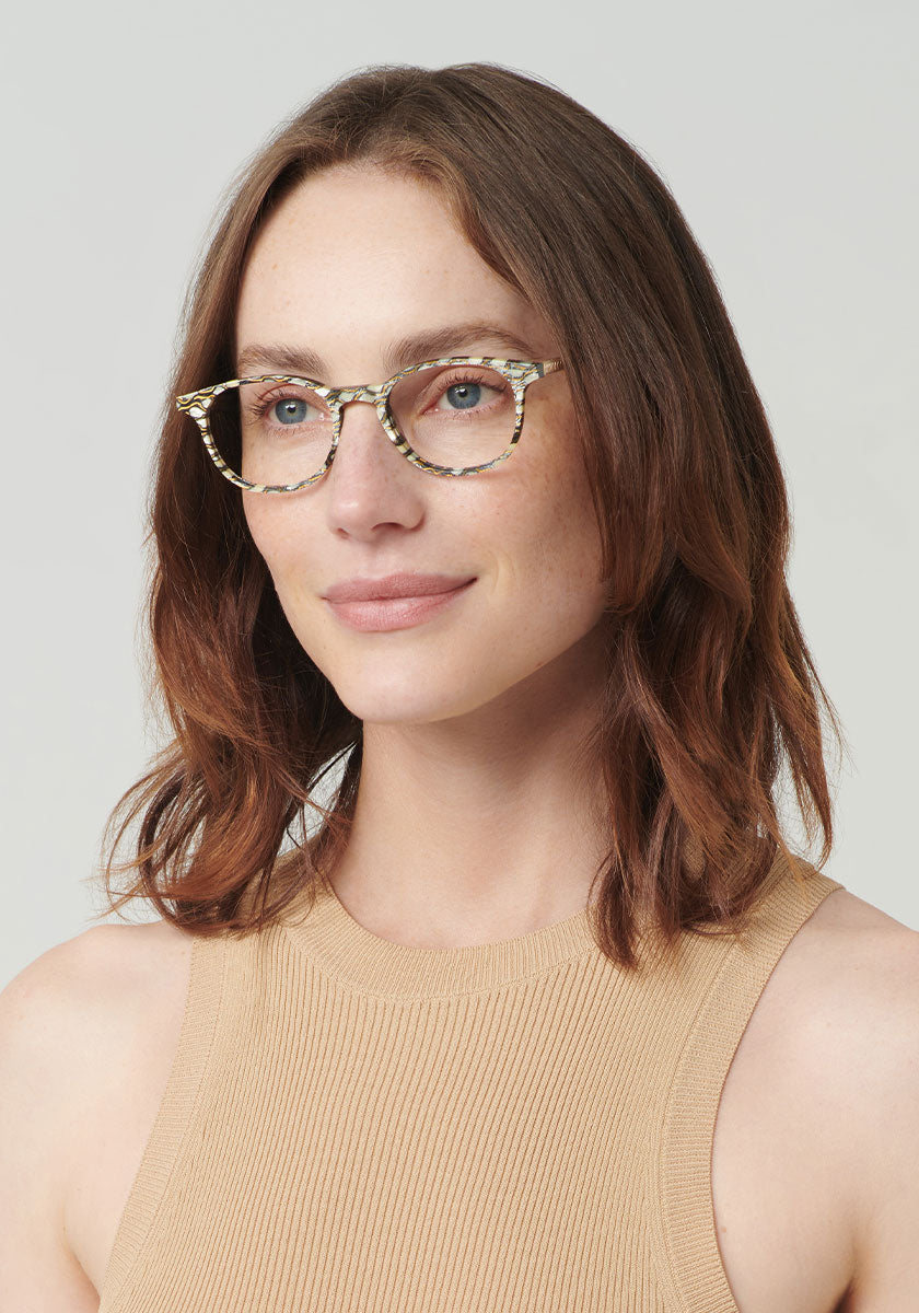 KREWE EVAN | Stella + Crystal Handcrafted, luxury white acetate glasses womens model | Model: Vanessa