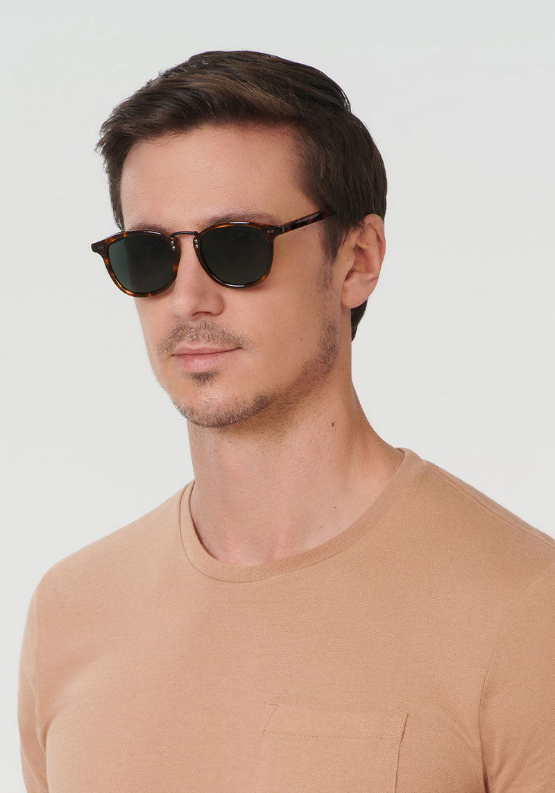 FRANKLIN | Rye Polarized Handcrafted, Luxury Brown Tortoise Acetate KREWE Sunglasses mens model | Model: Tom
