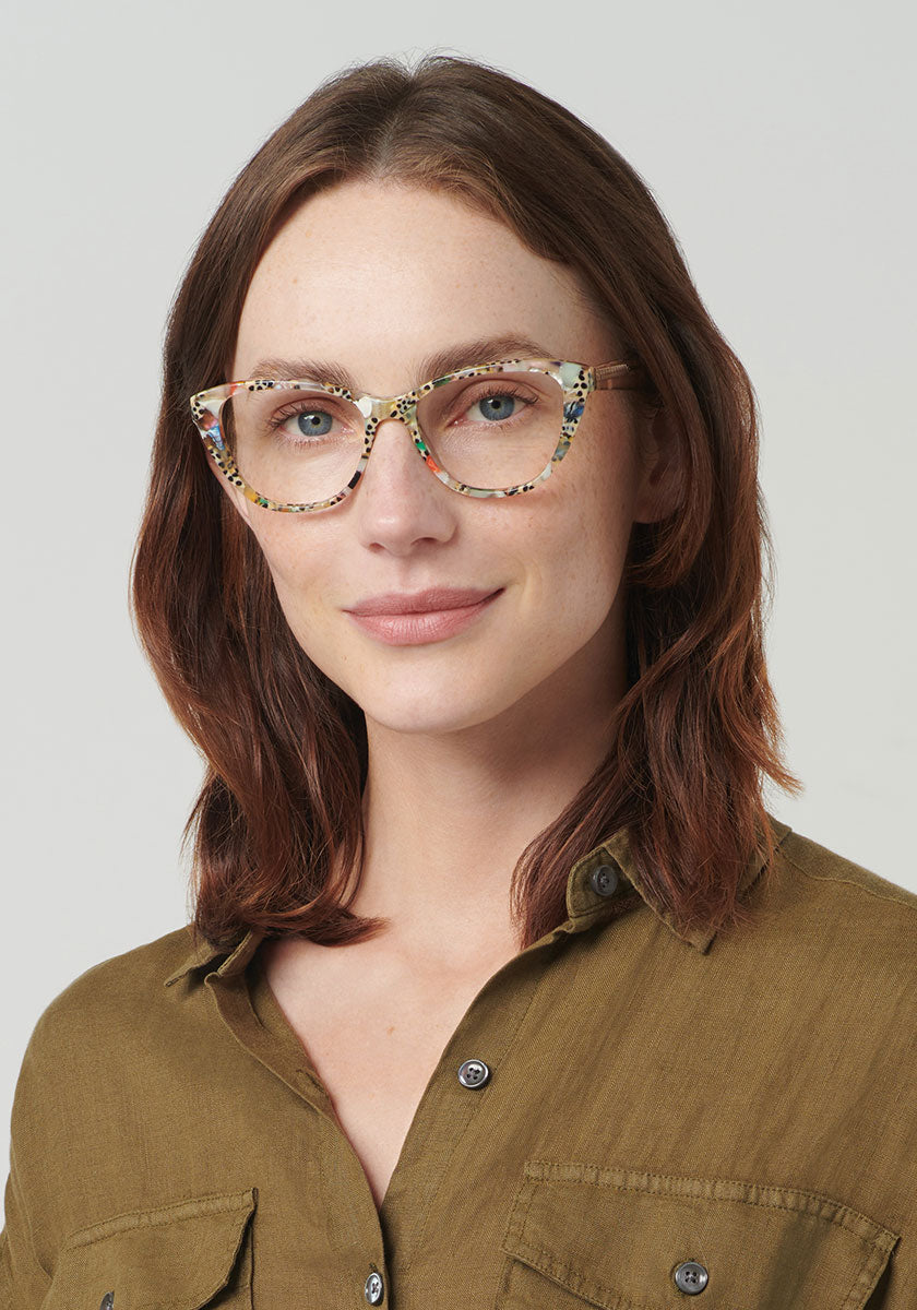 KREWE HELENA | Poppy + Buff 12K Handcrafted, Multicolored Acetate Luxury Glasses womens model | Model: Vanessa