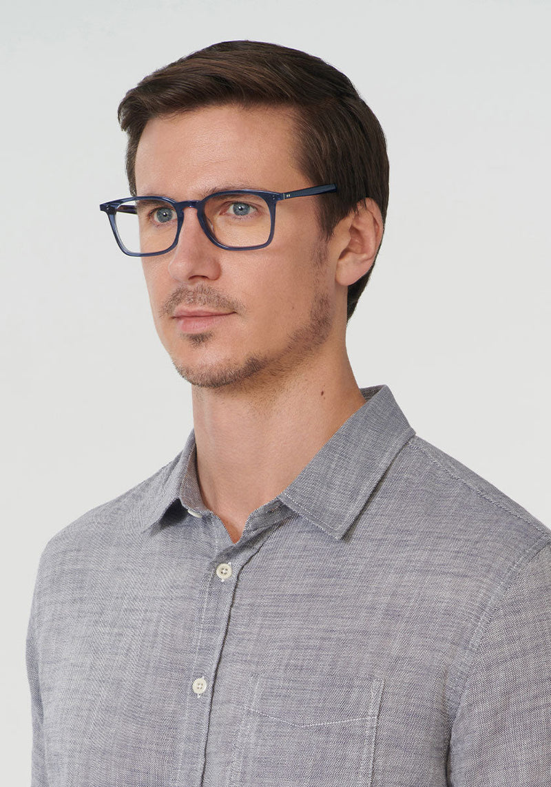 KRERWE HENRY | Cove Handcrafted, Luxury Blue Acetate Eyeglasses mens model | Model: Tom