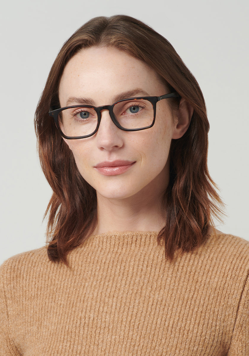KREWE HENRY | Matte Sazerac Handcrafted, Luxury Tortoise Acetate Glasses womens model | Model: Vanessa