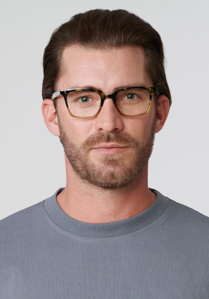 KREWE HOWARD | Fennel to Hazel Handcrafted, luxury brown acetate eyeglasses mens model | Model: Zach