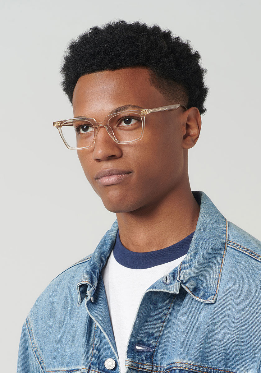 KREWE - HOWARD II | Buff Handcrafted, luxury pink acetate eyeglasses mens model | Model: Brandon
