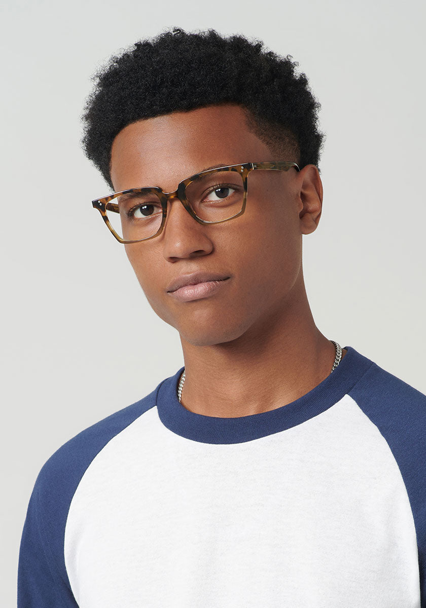 KREWE - HOWARD II | Fennel to Hazel Handcrafted, luxury brown acetate eyeglasses mens model | Model: Brandon