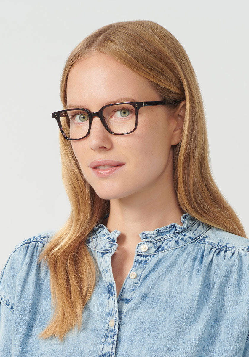 HUDSON | Nova Handcrafted, luxury maroon acetate KREWE eyeglasses womens model | Model: Annelot