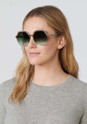 JACKIE | Matcha + Pine Handcrafted, Luxury Green and Blue Acetate KREWE sunglasses womens model | Model: Brooke