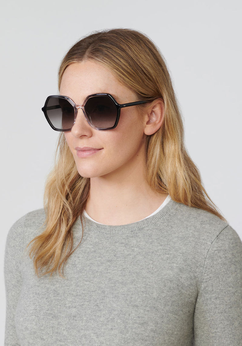 JACKIE | Vapor Handcrafted, luxury black and clear gradient acetate KREWE sunglasses womens model | Model: Brooke