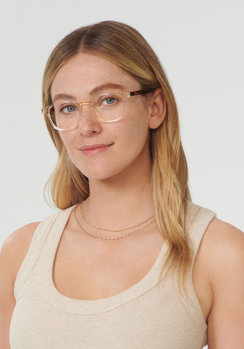 KREWE - JASPER | Haze + Rye Handcrafted, luxury yellow tinted acetate eyeglasses womens model | Model: Brooke