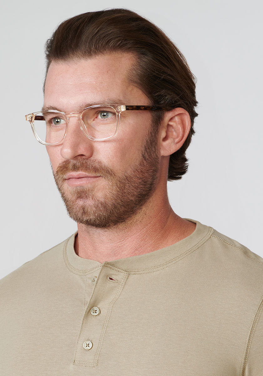 KREWE - JASPER | Haze + Rye Handcrafted, luxury yellow tinted acetate eyeglasses mens model | Model: Zach
