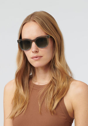 JENA | Matcha Polarized Handcrafted, luxury green and blue acetate KREWE sunglasses womens model | Model: Annelot
