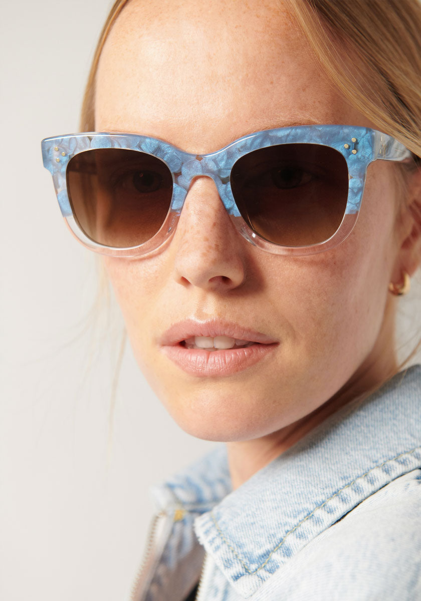 JENA | Opaline to Crystal Handcrafted, luxury blue and clear acetate KREWE sunglasses womens model specialized | Model: Annelot