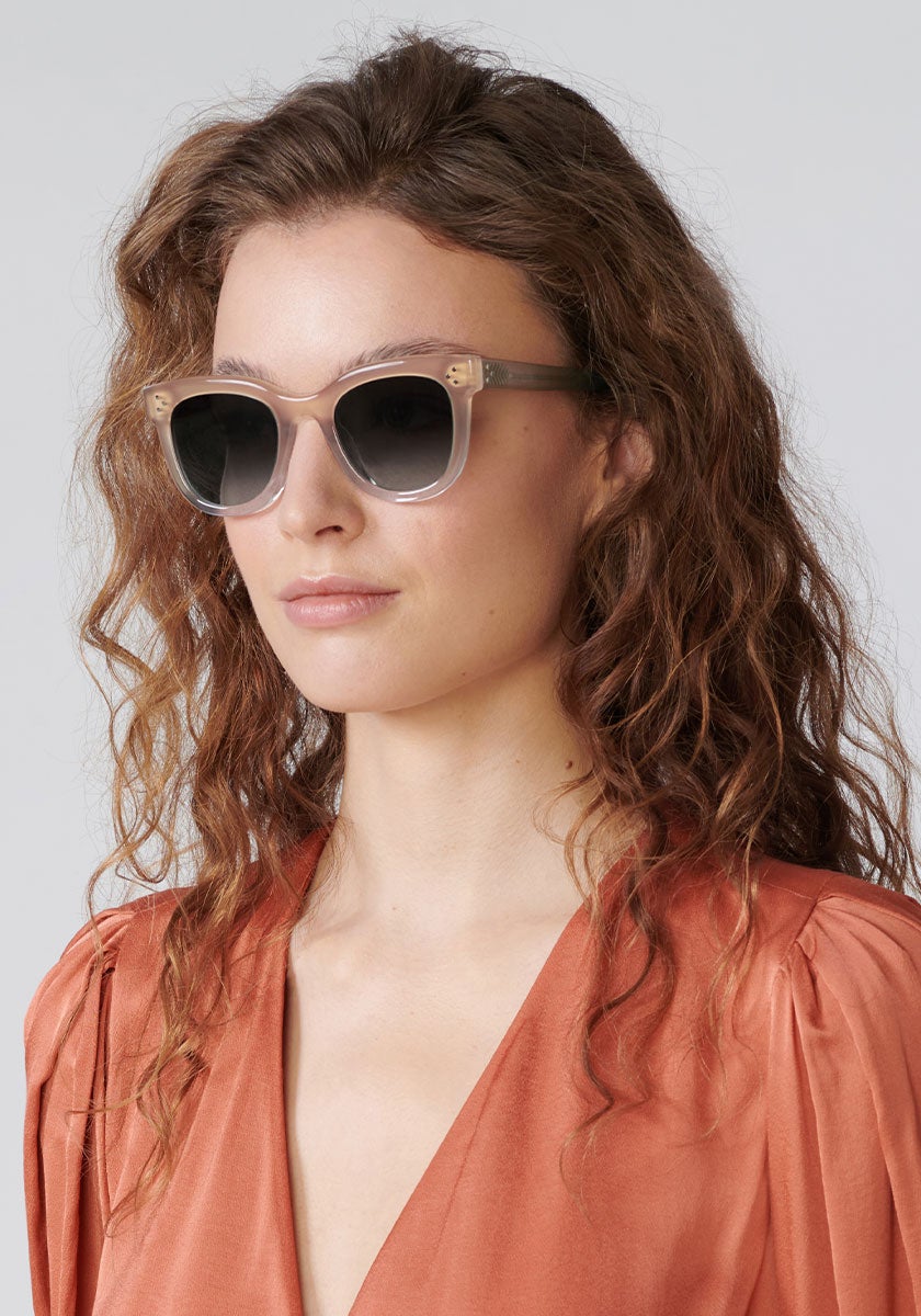 JENA | Quartz Handcrafted, luxury pink acetate KREWE sunglasses womens model | Model: Helouise