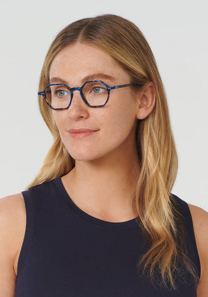 KREWE - JULIEN | Blue Steel Handcrafted, luxury blue acetate eyeglasses womens model | Model: Brooke