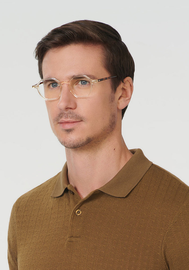 KREWE - JULIEN | Haze + Rye Handcrafted, luxury yellow tinted acetate eyeglasses mens model | Model: Tom