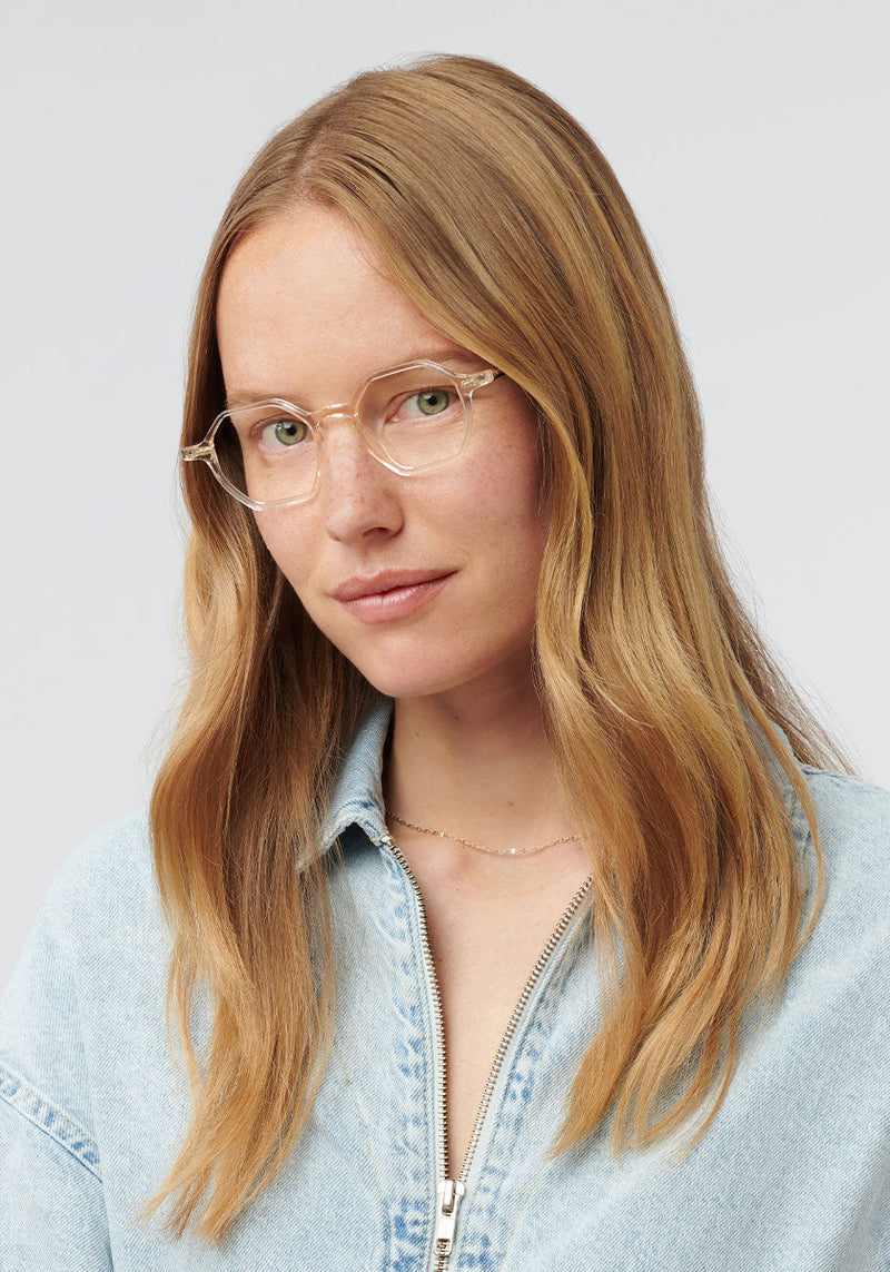 KREWE - JULIEN | Haze + Rye Handcrafted, luxury yellow tinted acetate eyeglasses womens model | Model: Annelot