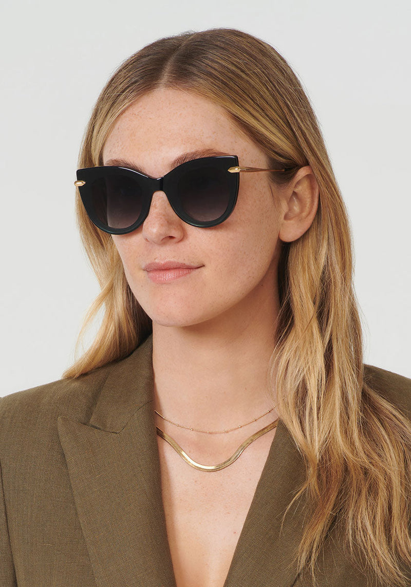 LAVEAU NYLON | Black and Crystal Handcrafted, Luxury, Black Acetate KREWE Sunglasses womens model | Model: Brooke
