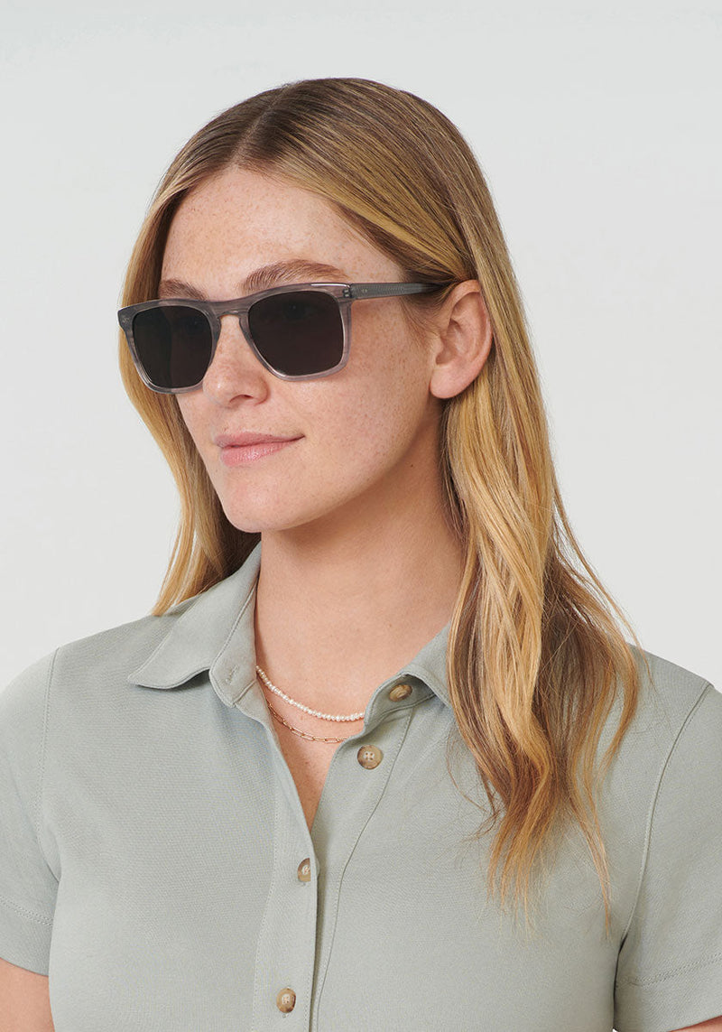 LENOX | Birch Handcrafted, luxury grey acetate KREWE sunglasses womens model | Model: Brooke