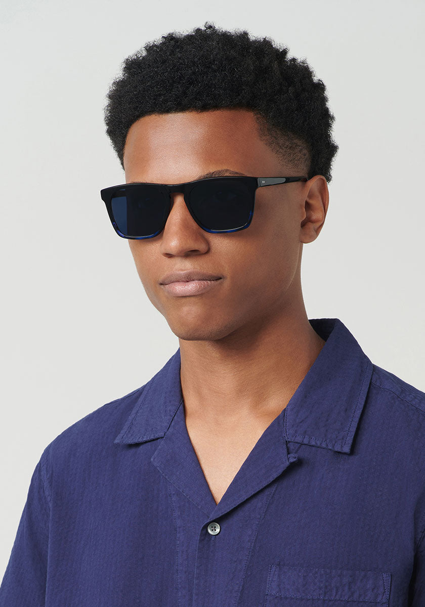 LENOX | Black + Cobalt Polarized Handcrafted, luxury black acetate KREWE sunglasses mens model | Model: Brandon