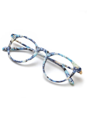 KREWE - Designer Round Eyeglasses - LISBON | Azul Handcrafted, luxury blue patterned acetate eyeglasses. Similar to Oliver Peoples eyeglasses, moscot eyeglasses, warby parker eyeglasses
