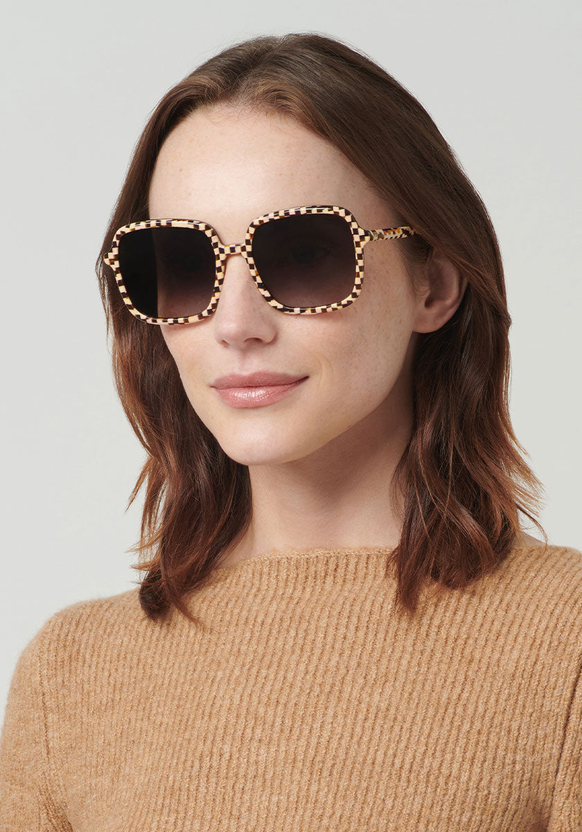 KREWE MARGOT | Caffe Dolce Hancrafted, Luxury Checkered Acetate Sunglasses womens model | Model: Vanessa