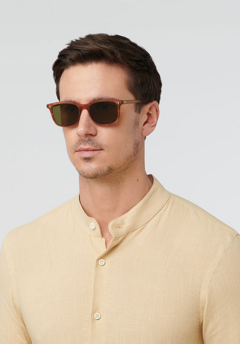 MATTHEW | Matte Tobacco + Sweet Tea Polarized Handcrafted, luxury brown acetate KREWE sunglasses mens model | Model: Tom