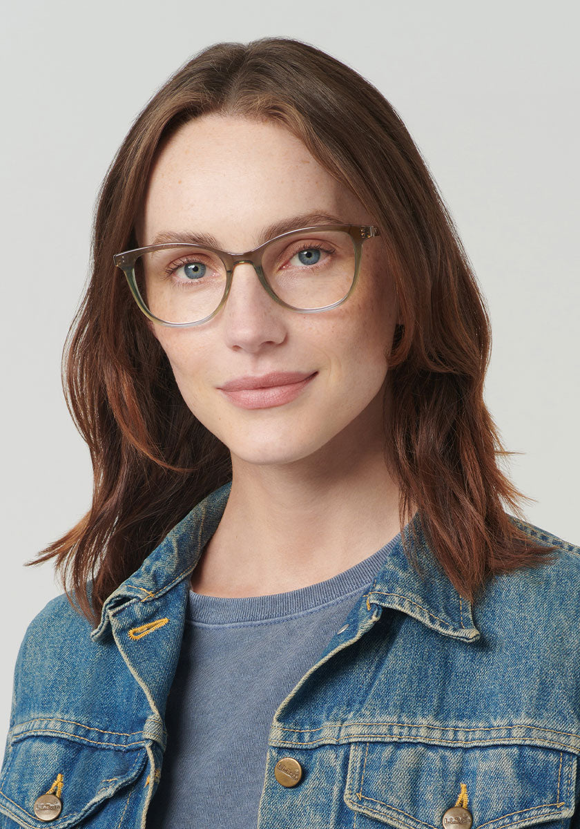 MELROSE | Matcha Handcrafted, Luxury Blue and Green Acetate Eyeglasses womens model | Model: Vanessa