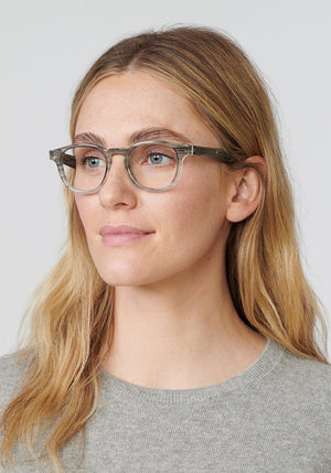KREWE - MERCER | Birch Handcrafted, luxury grey acetate glasses womens model | Model: Brooke