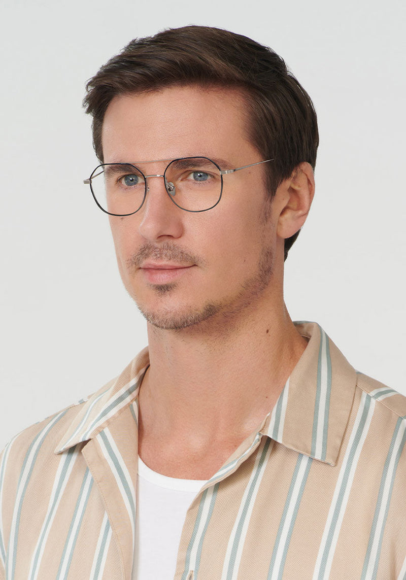 KREWE - MESA | Matte Indigo + Titanium Handcrafted, luxury metal eyeglasses mens model | Model: Tom