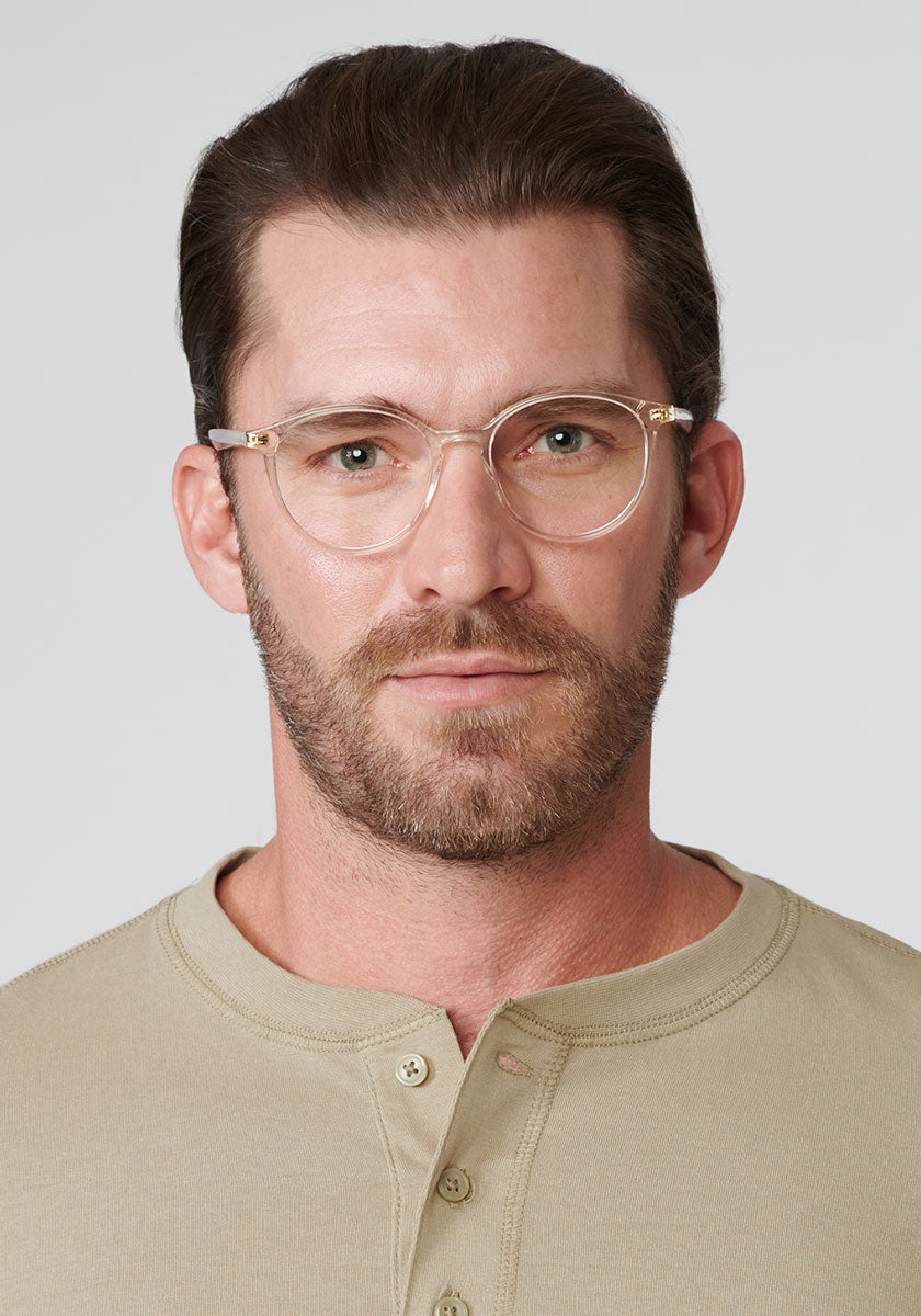 KREWE - MORRO | Buff Handcrafted, luxury pink acetate eyeglasses mens model | Model: Zach