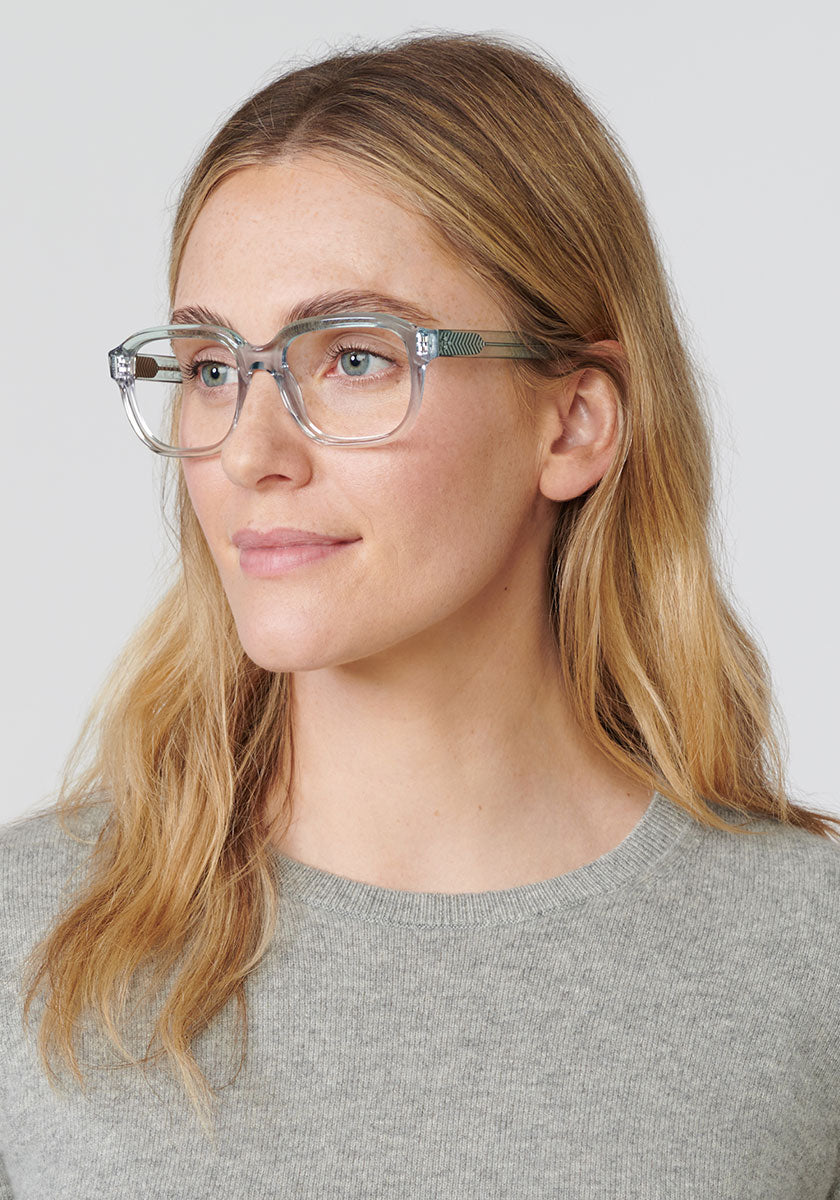 KREWE - NEVILLE | Lagoon Handcrafted, luxury blue acetate eyeglasses womens model | Model: Brooke
