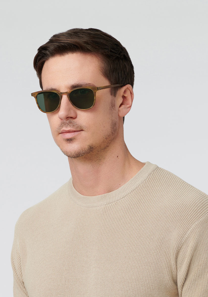 OLIVIER | Matte Willow Polarized handcrafted, luxury brown acetate KREWE sunglasses mens model | Model: Tom