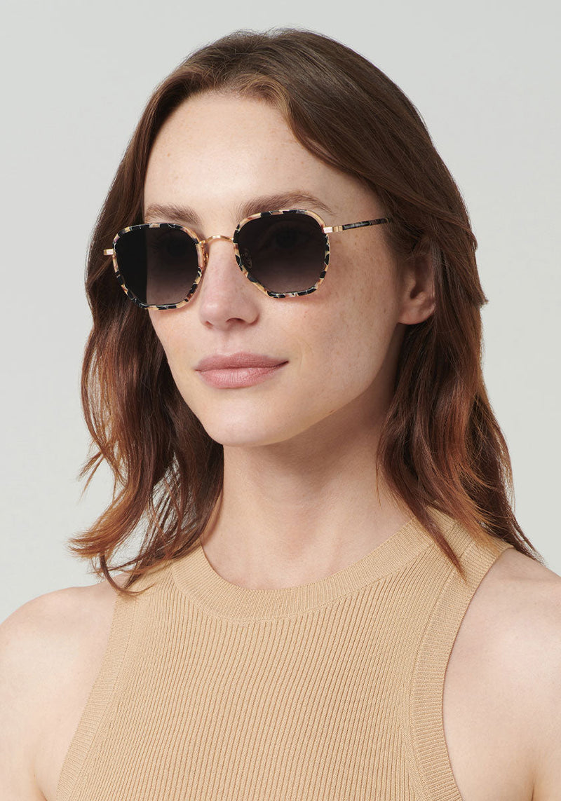 PASCAL | 18K Titanium + Crema Handcrafted, Luxury Brown and Black Acetate KREWE Sunglasses womens model | Model: Vanessa