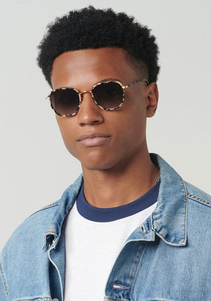 PASCAL | 18K Titanium + Crema Handcrafted, Luxury Brown and Black Acetate KREWE Sunglasses mens model | Model: Brandon