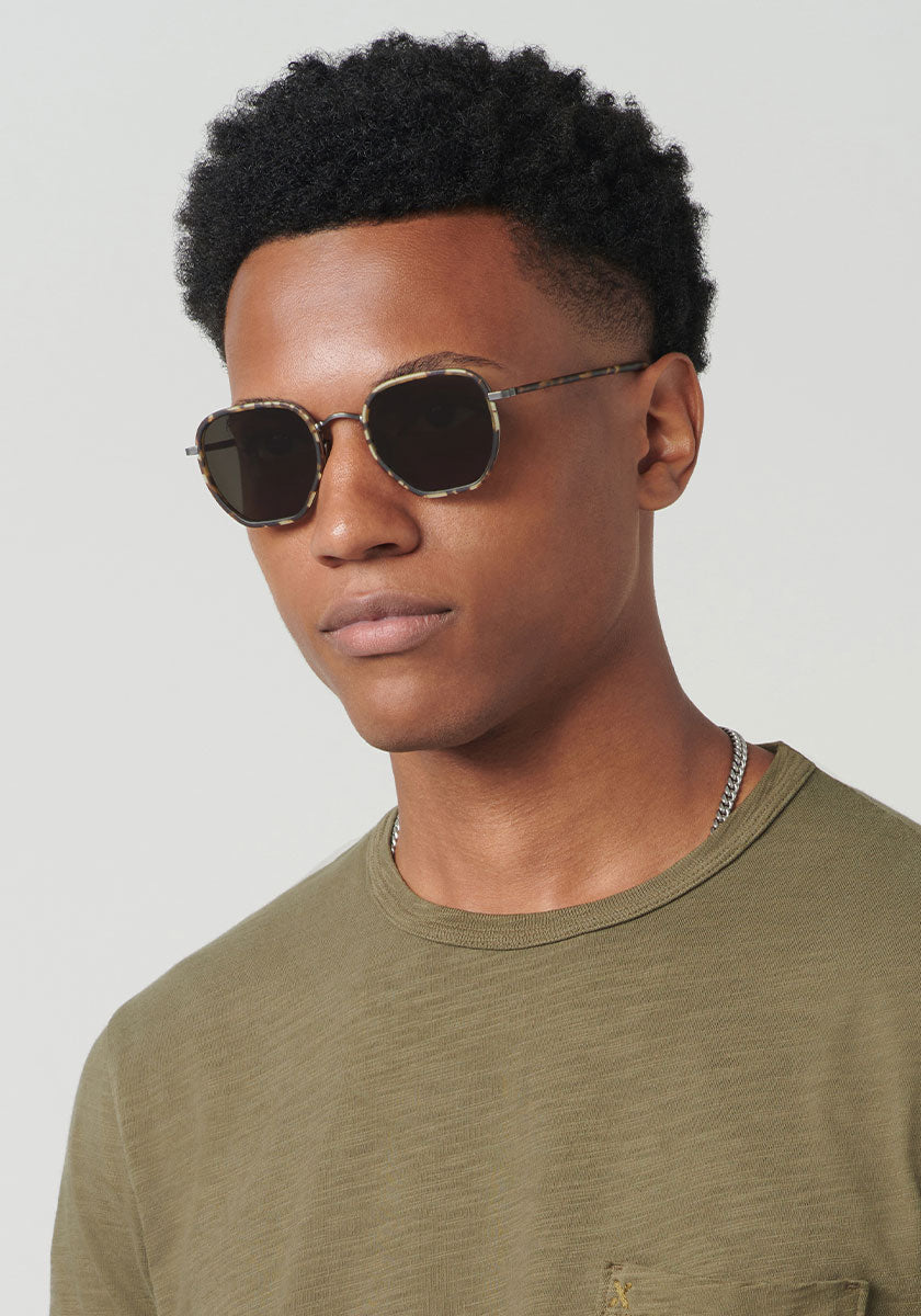 PASCAL | Matte Raw Titanium + Matte Bengal Luxury Tortoise Acetate KREWE Sunglasses mens model | Model: Brandon