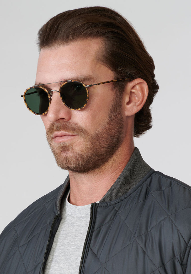 PORTER | Matte Bengal Polarized handcrafted, luxury, tortoise, acetate KREWE sunglasses mens model | Model: Zach