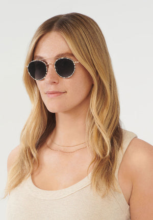 PORTER | 24K Titanium + Stella + Crystal handcrafted, luxury white acetate KREWE sunglasses womens model | Model: Brooke