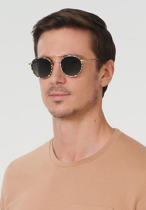 PORTER | 24K Titanium + Stella + Crystal handcrafted, luxury white acetate KREWE sunglasses mens model | Model: Tom