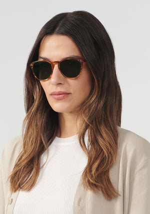 KREWE - Designer Polarized Wayfarer Sunglasses - PRESS | Cedar Polarized Handcrafted, luxury brown acetate sunglasses. Similar to Oliver Peoples sunglasses, moscot sunglasses, persol sunglasses womens model | Model: Olga