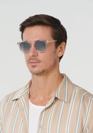PRYTANIA | Crystal handcrafted, luxury clear acetate KREWE sunglasses mens model | Model: Tom