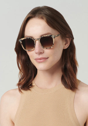 PRYTANIA | Matte Oyster Handcrafted, luxury tortoise shell acetate KREWE sunglasses womens model | Model: Vanessa