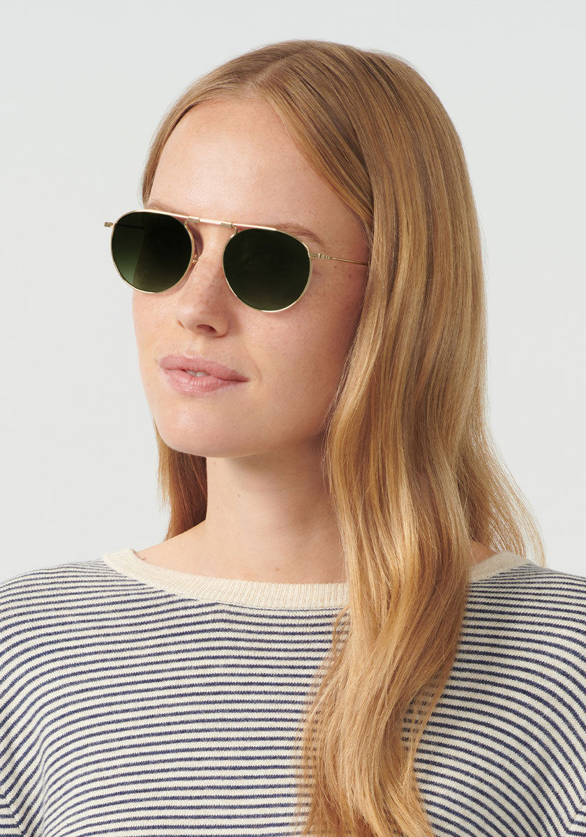 RAMPART FOLD | 12K + Green Tea, Luxury Foldable KREWE Sunglasses womens model | Model: Annelot
