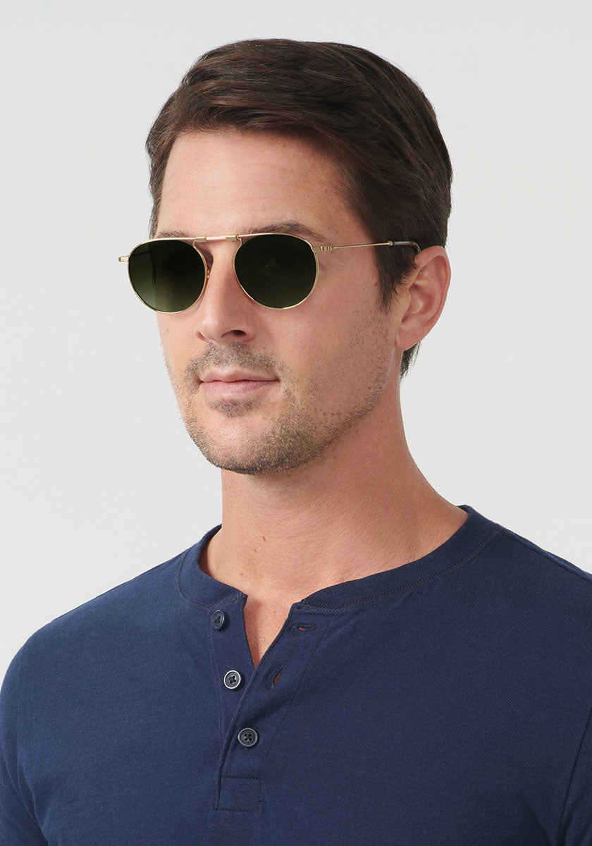RAMPART FOLD | 12K + Green Tea, Luxury Foldable KREWE Sunglasses mens model | Model: Andrew