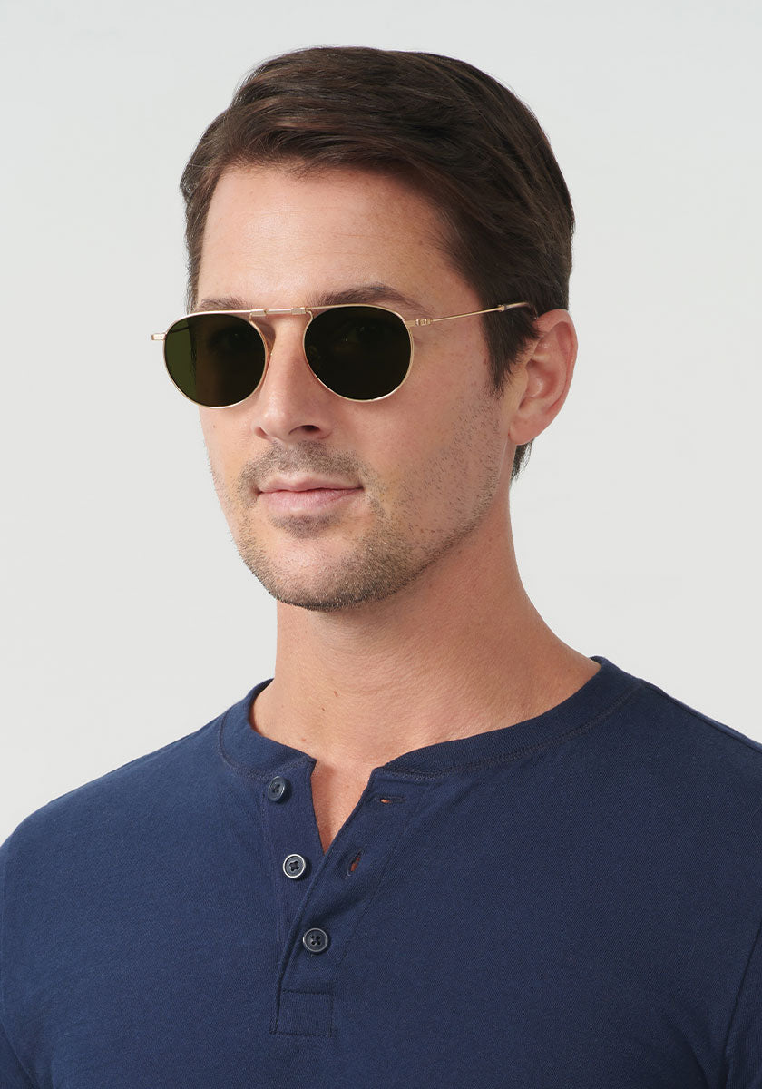 RAMPART FOLD | 18K + Crystal Polarized, Handcrafted Luxury Foldable KREWE Sunglasses mens model | Model: Andrew