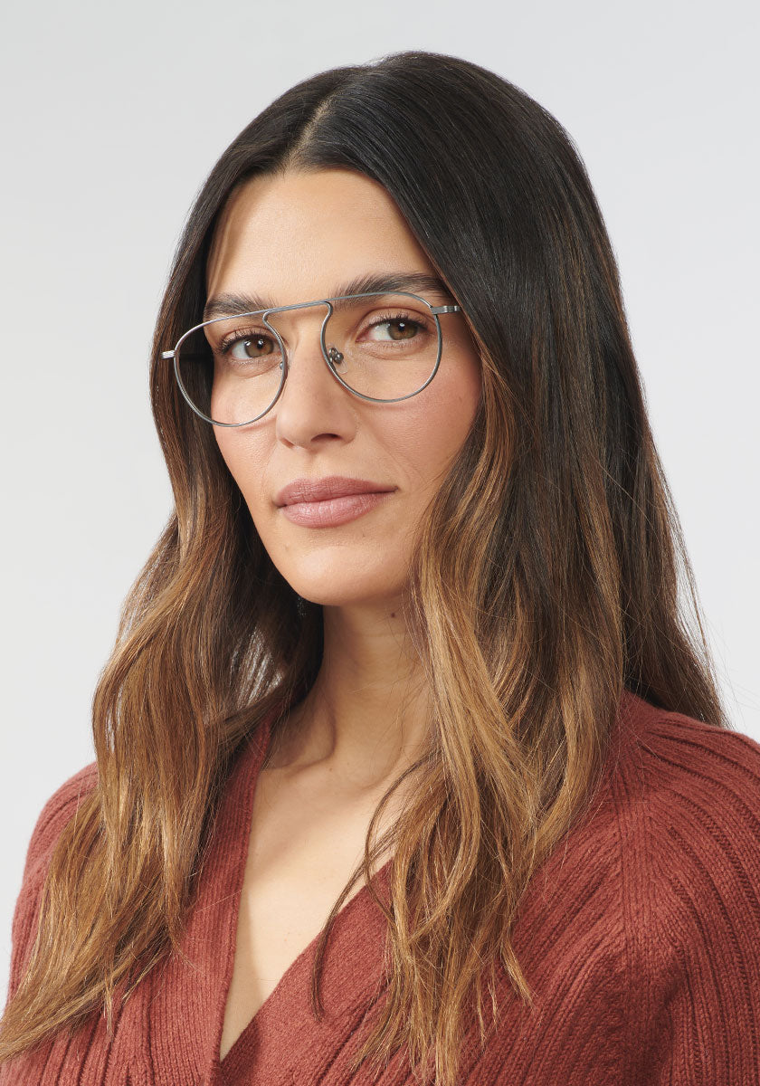 KREWE RAMPART OPTICAL | Matte Raw Titanium + Matcha Handcrafted, Luxury Designer Metal Eyeglasses womens model | Model: Olga