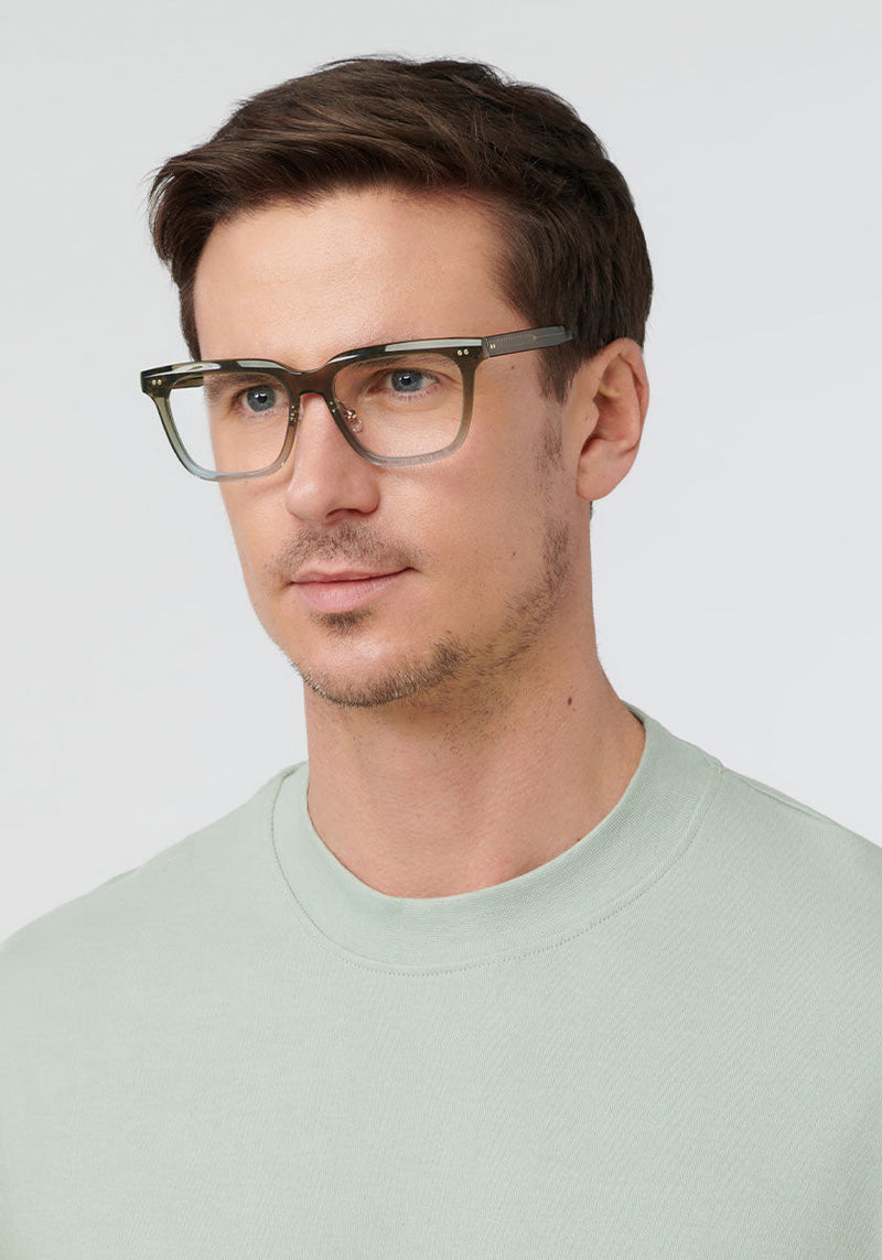 KREWE - REESE | Green Tea Handcrafted, luxury green and blue acetate eyeglasses mens model | Model: Tom